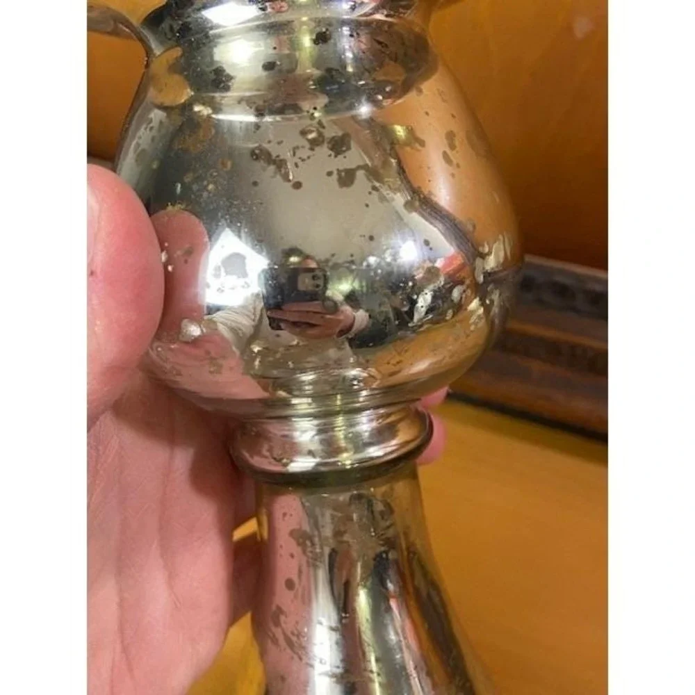 Mercury Glass Crown Pillar Candle Holder Silver Antiqued Pedestal 11.5 Inch NBC